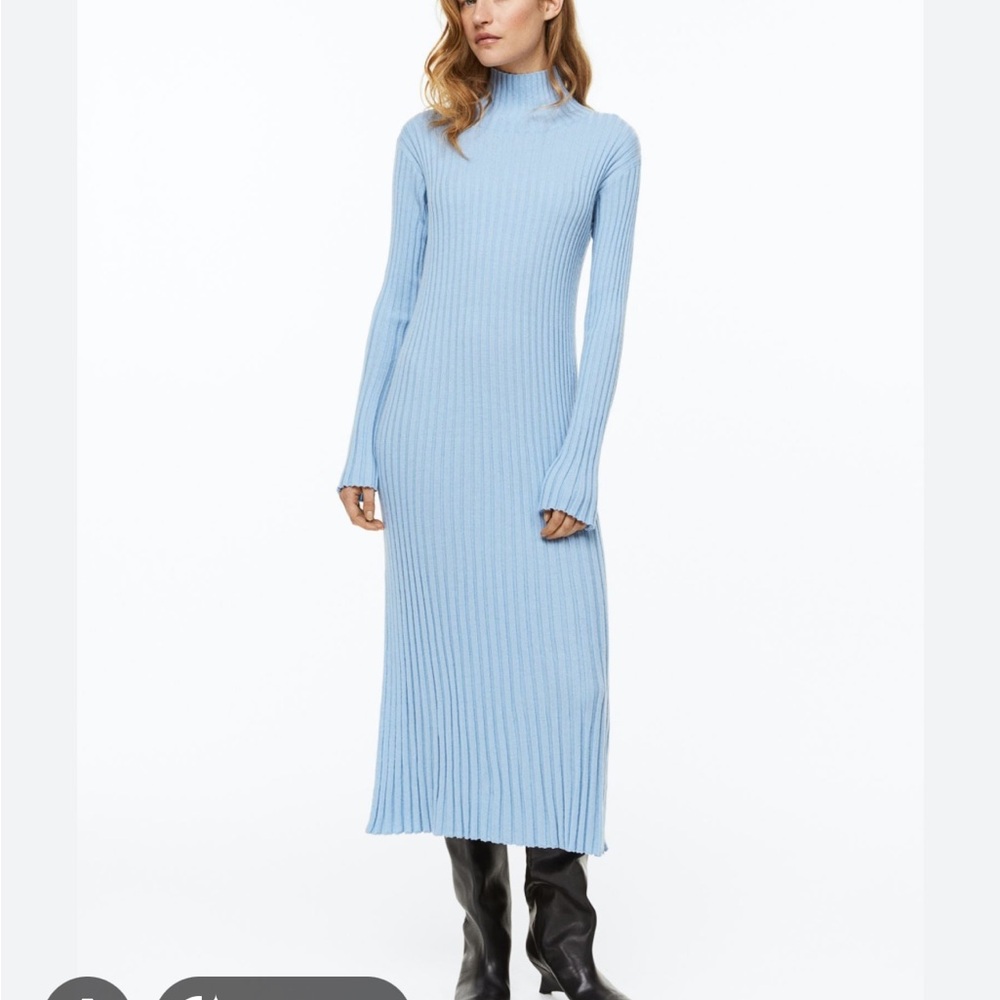 H&M Light Blue Merino Wool Ribbed Long Sleeve Dress